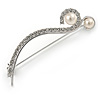 Elegant Silver Plated Clear Crystal White Faux Pearl Brooch - 50mm L