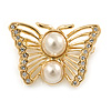 Small Gold Plated Crystal, Faux Pearl Butterfly Brooch - 30mm L