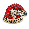Red/ Clear Christmas Santa Clause Saint St. Nick Hat Brooch In Gold Tone - 30mm L