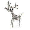 Clear Crystal Christmas Reindeer Brooch In Silver Tone Metal - 40mm
