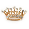 Clear Crystal Faux Pearl Crown Brooch In Gold Tone Metal - 45mm