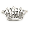 Clear Crystal Faux Pearl Crown Brooch In Silver Tone Metal - 45mm