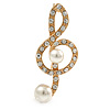 Gold Plated Diamante Faux Pearl Treble Clef Brooch - 50mm L