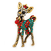 Clear/ Red/ Green Crystal Christmas Reindeer Brooch In Aged Gold Tone Metal - 40mm L