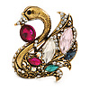Vintage Inspired Multicoloured Swan Brooch in Aged Gold Tone Metal - 45mm L