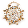 Gold Tone Clear Crystal, Faux Pearl Snowflake Scarf Pin - 45mm D