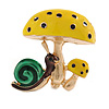 Funky Yellow Mushrooms with Brown/ Green Snail Brooch In Gold Tone Metal - 40mm Tall