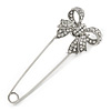 Silver Plated Clear Crystal Safety Pin Brooch With Bow Motif - 75mm L
