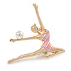Gold Tone Pink/ White Enamel Rhythmic Gymnast with Pearl Bead Ball Brooch - 40mm Tall