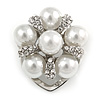 Diamante Faux Pearl Flower Scarf Pin/ Brooch In Silver Tone - 30mm D