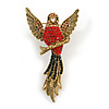 Vintage Inspired Exotic Crystal Bird Brooch In Aged Gold Tone Metal - 70mm Tall
