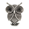 Vintage Inspired Crystal Textured Owl Brooch In Aged Silver Tone - 50mm Tall