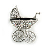 Clear and AB Crystal Pram Brooch Baby's Pram Carriage in Silver Tone Metal - 35mm Tall