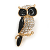 Small Adorable Crystal Black Enamel Owl Brooch In Gold Tone Metal - 33mm Tall