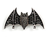 Black/ Grey Crystal Bat Brooch In Silver Tone Metal - 60mm Across