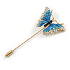 Gold Tone Blue/ Milky White Enamel Crystal Butterfly Lapel, Hat, Suit, Tuxedo, Collar, Scarf, Coat Stick Brooch Pin - 63mm Long