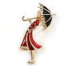 Red/ Black Enamel Lady with Crystal Umbrella Brooch In Gold Tone - 50mm Tall