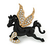 Black Pegasus/ Horse with Gold Crystal Wings Brooch - 40mm Across