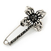 Large Vintage Inspired Hematite Crystal Flower Safety Pin Brooch In Aged Silver Tone - 70mm Across