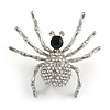Sparkling Crystal Spider Brooch In Silver Tone Metal (Clear/ Black) - 40mm Tall