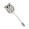 Silver Tone Clear Crystal Owl Lapel, Hat, Suit, Tuxedo, Collar, Scarf, Coat Stick Brooch Pin - 65mm L