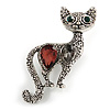 Vintage Inspired Textured Crystal Cat Brooch In Aged Silver Tone Metal - 50mm Tall