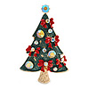 Green Enamel Crystal Christmas Tree with Red Bows In Gold Tone Metal - 52mm Tall