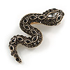 Small Grey/ Black Crystal Snake Brooch In Aged Gold Tone Metal - 40mm Long