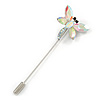 AB Crystal Dragonfly Lapel, Hat, Suit, Tuxedo, Collar, Scarf, Coat Stick Brooch Pin in Silver Tone - 65mm L