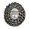 Vintage Inspired Open Oval Hematite Crystal with Pearl Bead Brooch In Aged Silver Tone - 45mm Long