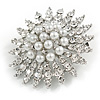 Bridal/ Prom/ Wedding Faux Pearl Crystal Corsage Brooch In Silver Tone - 50mm D