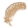 Clear Crystal Feather Brooch In Gold Tone - 65mm Long