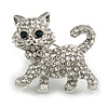 Cute Clear Crystal Kitty/ Kitten/ Cat Brooch In Silver Tone Metal - 33mm Across