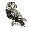 Vintage Inspired Black/ Clear/ Ab Crystal Owl Brooch In Aged Silver Tone - 70mm Long