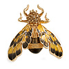 Yellow/ Black Enamel Crystal Moth Brooch In Gold Tone - 35mm Long