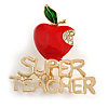 Gold Tone Red/ Green Enamel Crystal Apple 'SUPER TEACHER' Brooch - 40mm Across