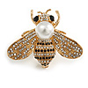 Stunning Clear/ Black Crystal White Glass Pearl Bead Bee In Gold Tone - 40mm Wide