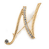 'N' Gold Plated Clear Crystal Letter N Alphabet Initial Brooch Personalised Jewellery Gift - 40mm Tall