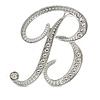 'B' Rhodium Plated Clear Crystal Letter B Alphabet Initial Brooch Personalised Jewellery Gift - 45mm Tall