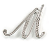'M' Rhodium Plated Clear Crystal Letter M Alphabet Initial Brooch Personalised Jewellery Gift - 40mm Tall