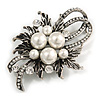 Vintage Inspired Crystal, Pearl Floral Brooch in Aged Silver Tone - 63mm Across
