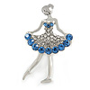 Blue/ Clear Ballerina Brooch In Silver Tone Metal - 45mm Tall