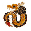 Orange/ Brown/ Red Enamel Chinese Dragon Brooch In Gold Tone Metal - 40mm Tall