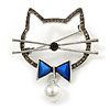 Grey Crystal Open Cat with Blue Bow Brooch in Aged Silver Tone - 50mm Across