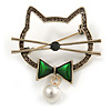 Grey Crystal Open Cat with Green Bow Brooch in Aged Silver Tone - 50mm Across