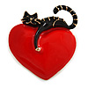Romantic Black Enamel Cat With Red Enamel Heart Brooch In Gold Tone - 45mm Tall