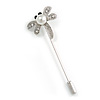 Silver Tone Clear Crystal Glass Pearl Dragonfly Lapel, Hat, Suit, Tuxedo, Collar, Scarf, Coat Stick Brooch Pin - 65mm L