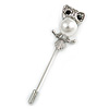 Silver Tone Clear Crystal, Faux Glass Pearl Owl Lapel, Hat, Suit, Tuxedo, Collar, Scarf, Coat Stick Brooch Pin - 65mm L
