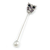 Silver Tone Crystal Owl Lapel, Hat, Suit, Tuxedo, Collar, Scarf, Coat Stick Brooch Pin - 65mm L