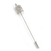 Silver Tone Clear Crystal Turtle Lapel, Hat, Suit, Tuxedo, Collar, Scarf, Coat Stick Brooch Pin - 60mm L
